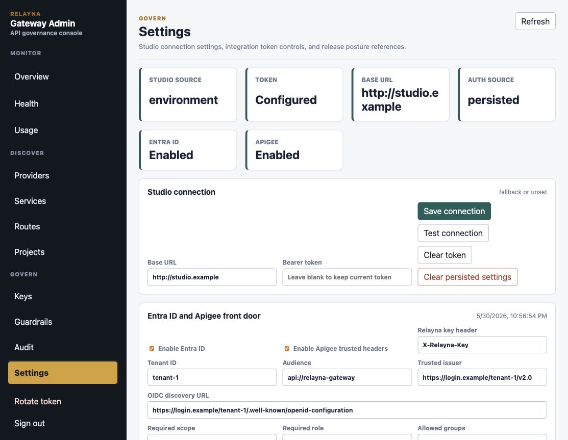 Settings view with Entra ID and Apigee panel