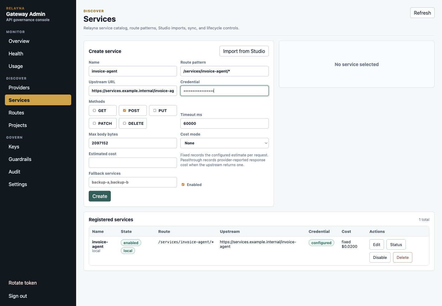 Service creation and import controls