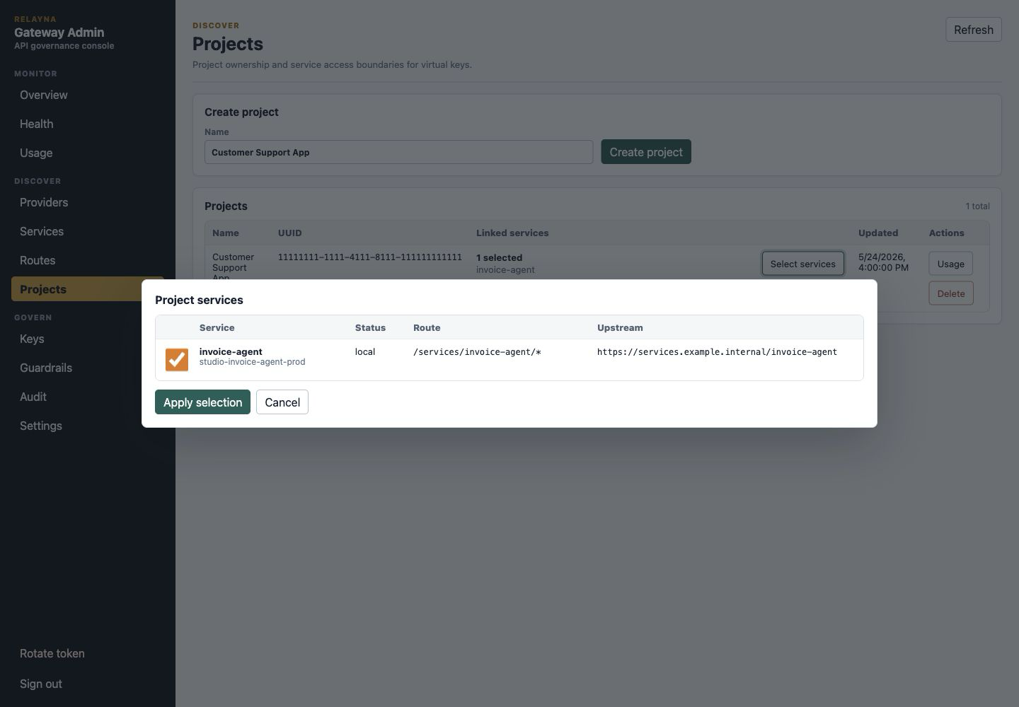 Project service selection modal