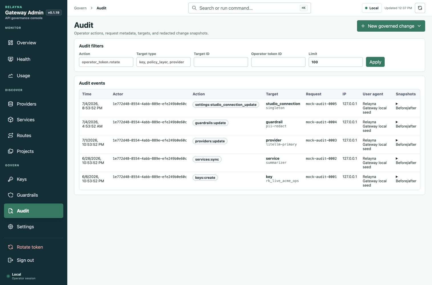 Operator audit governance view