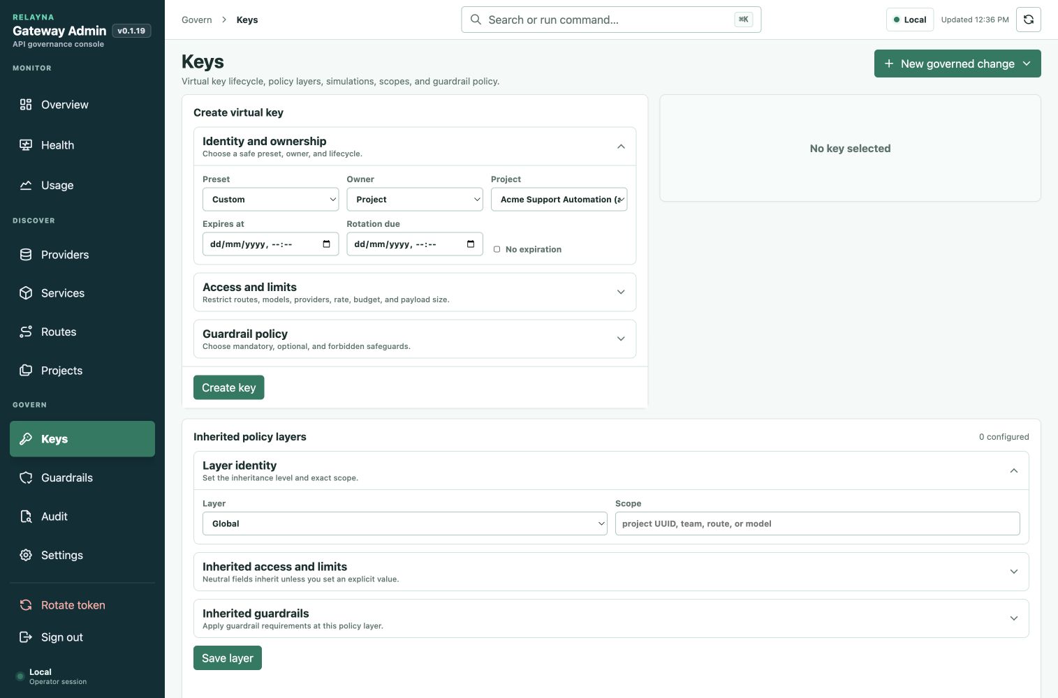 Virtual key and inherited policy governance