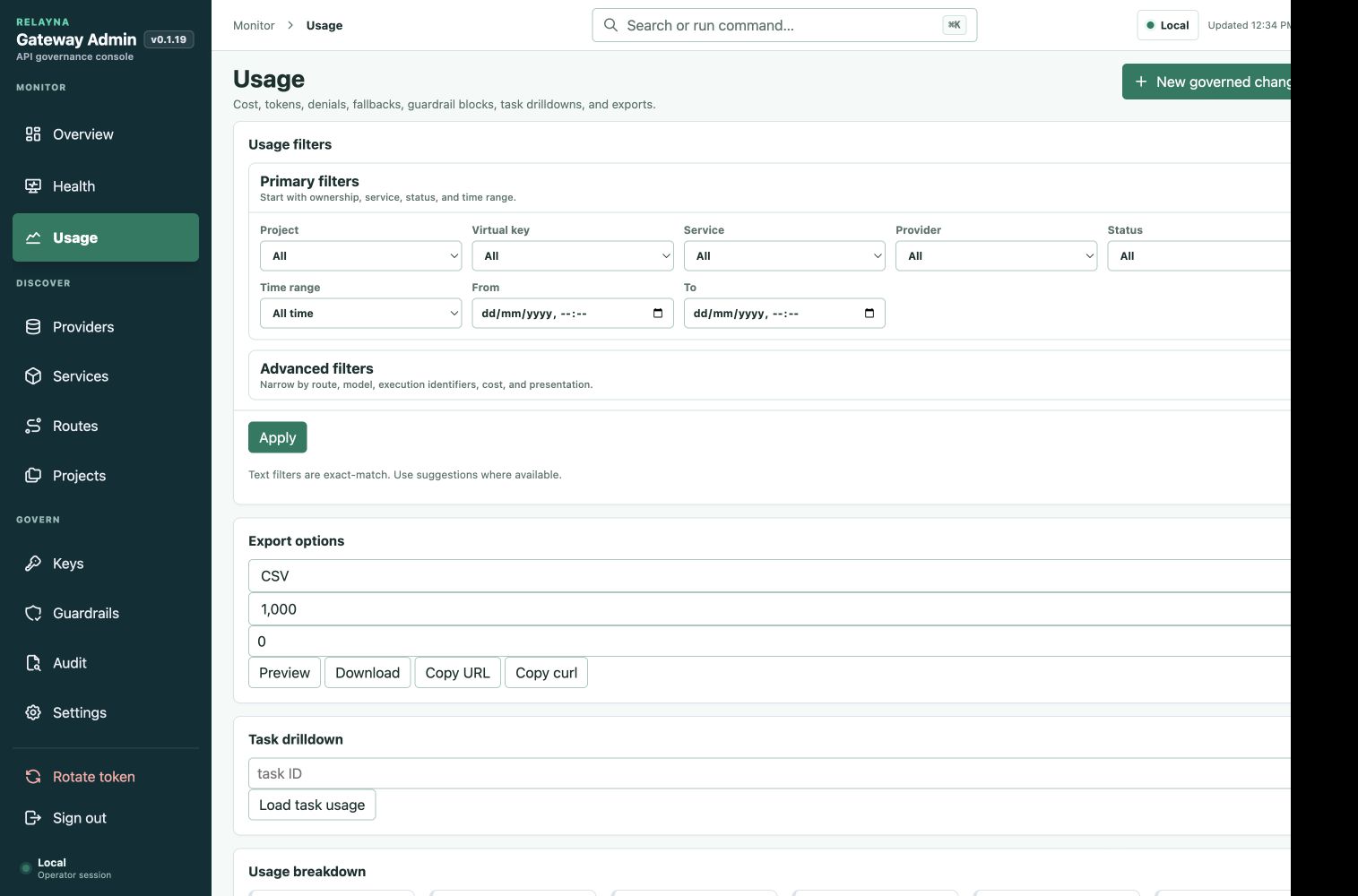 Usage analytics filters and exports
